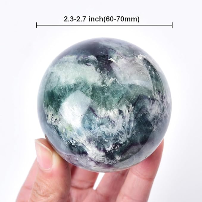 JIC Gem Natural Feather Fluorite Crystal Ball Round Healing Crystals Decorative Sphere with Wooden