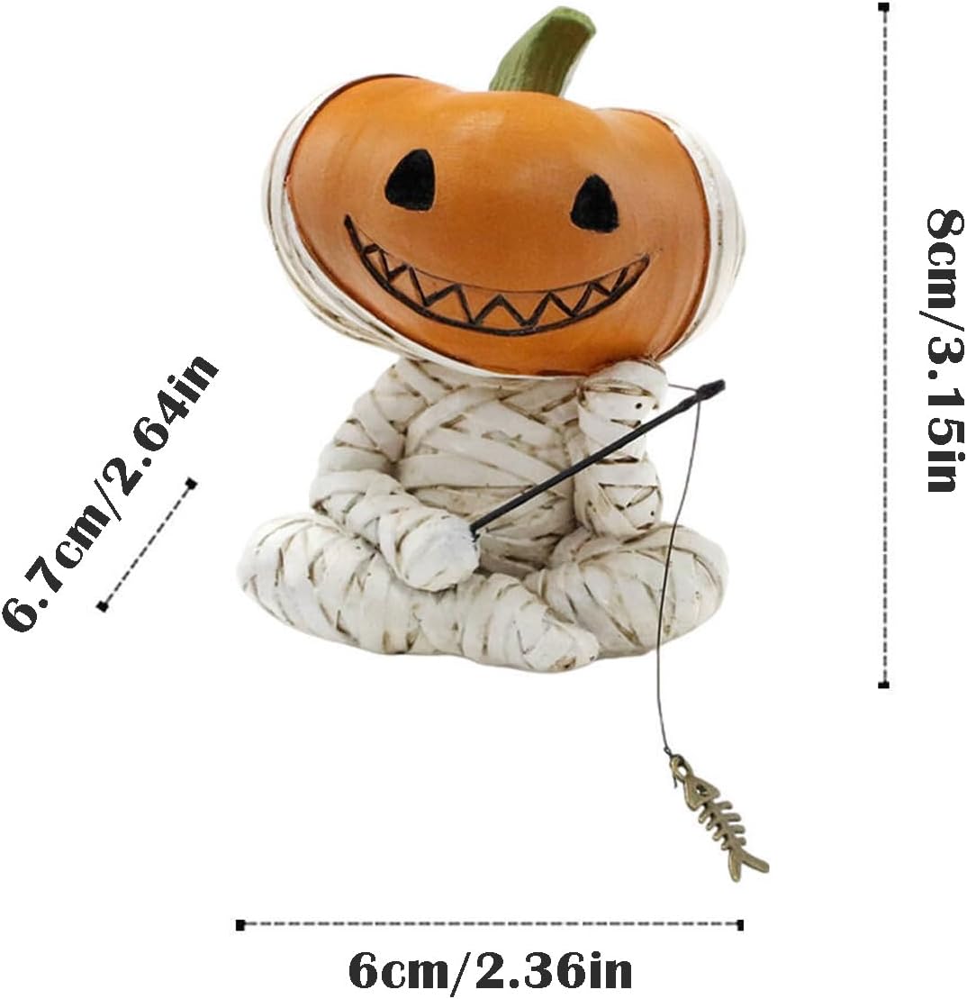Fishing Pumpkin Head Mummy Statue Funny Halloween Decorations, 3.15 Inch Cute Sitting Figurine