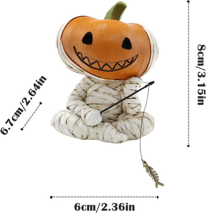 Fishing Pumpkin Head Mummy Statue Funny Halloween Decorations, 3.15 Inch Cute Sitting Figurine