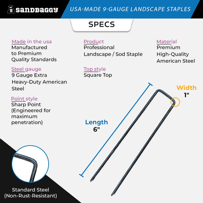 Sandbaggy USA Made 6-inch Landscape Staples - Garden Stakes - Landscaping Fabric, Netting, Sod