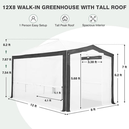 EAGLE PEAK 12x8 Portable Walk in Greenhouse with Polyester Reinforced Corners, Instant Pop up