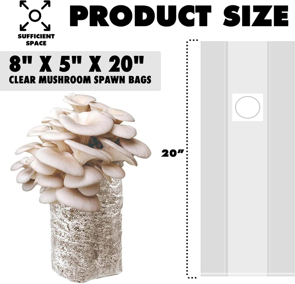 TonGass 100-Pack Large 8"x5"x20" Autoclavable Mushroom Grow Bags Bulk with Microporous Filter