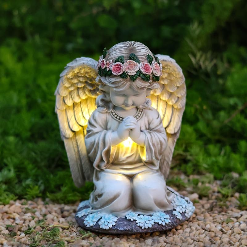 Solar Garden Outdoor Statues Lights, Resin Angel Figurine Light for Patio, Balcony, Yard, Lawn