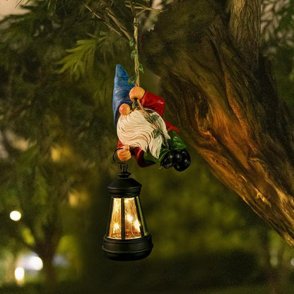 Solar Hanging Gnome Garden Statue Climbing Rope Gnome with LED Lantern Outdoor Decor Tree Hugger