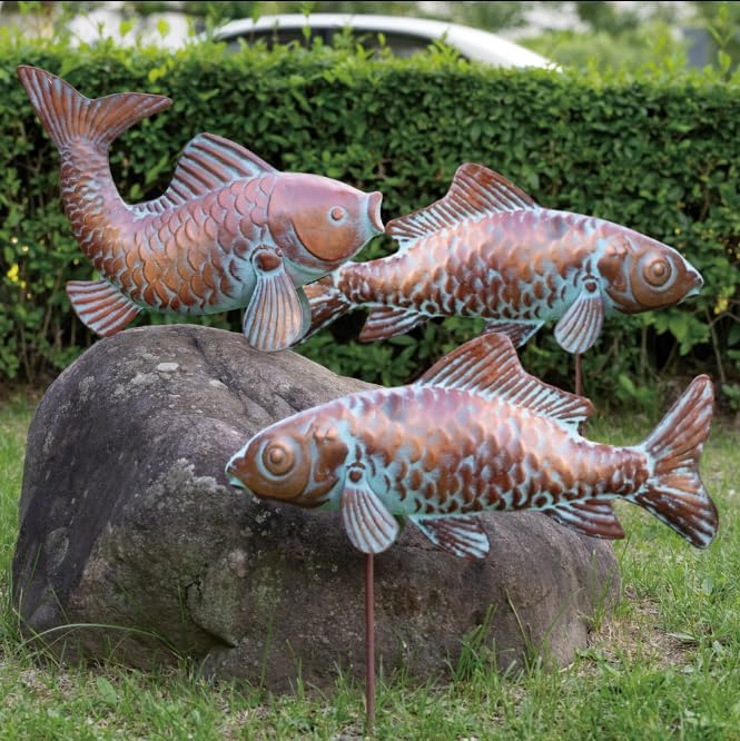 Set of 3 Outdoor Garden Koi Fish Sculptures & Statues Antique Copper Fish Yard Décor, Metal Koi