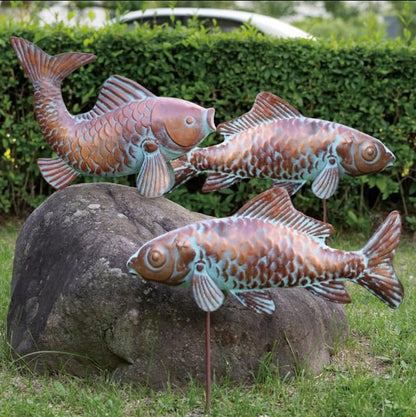 Set of 3 Outdoor Garden Koi Fish Sculptures & Statues Antique Copper Fish Yard Décor, Metal Koi