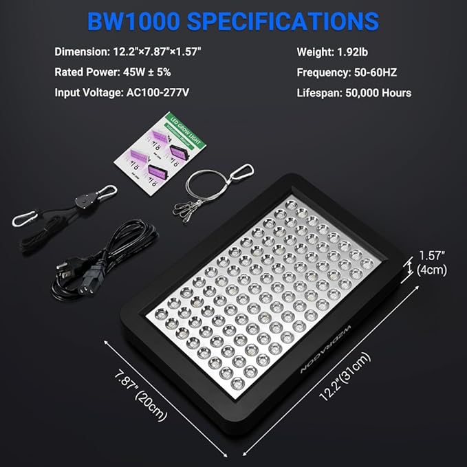Upgraded BW1000 LED Grow Lights Double Chips Full Spectrum with 10ft Cable for Greenhouse and