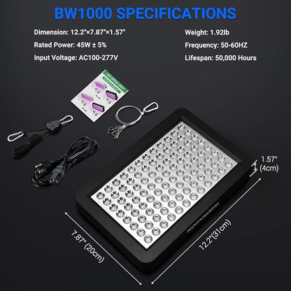 Upgraded BW1000 LED Grow Lights Double Chips Full Spectrum with 10ft Cable for Greenhouse and