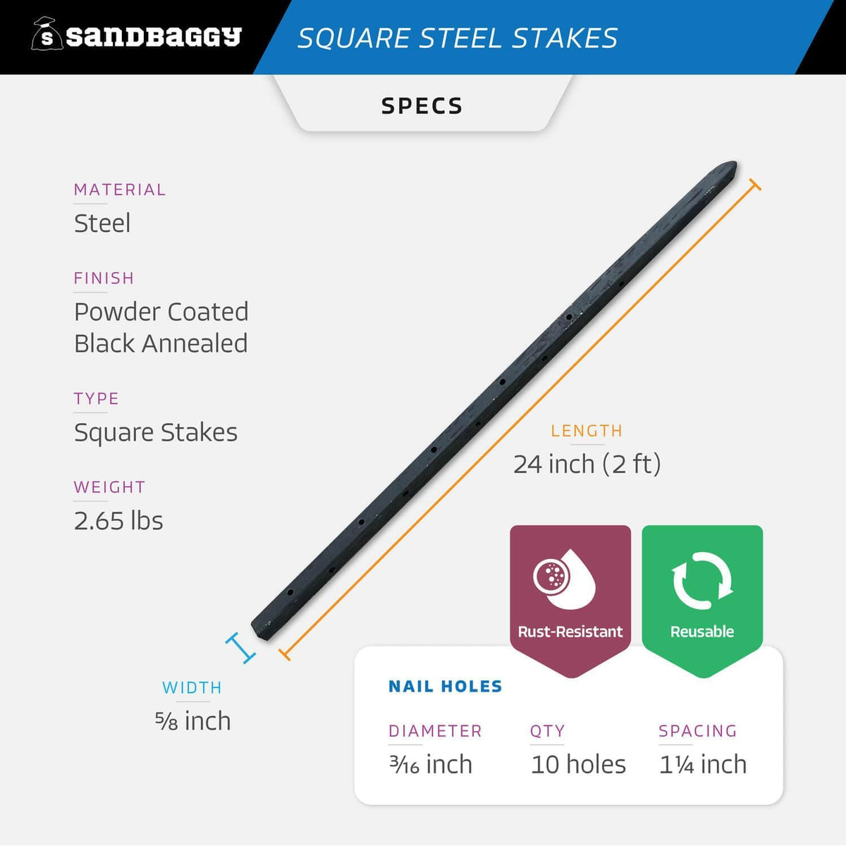 Sandbaggy Square Steel Concrete Form Stakes with Nail Holes - 5/8" Wide - Rust Resistant Coating