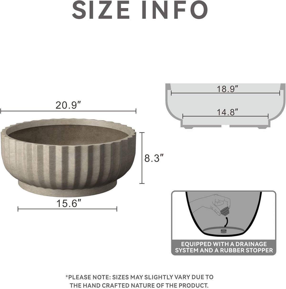 Kante Round Fulted Bowl Planter, 20.9 Inch Dia Large Concrete Flower Pots with Drainage Hole and