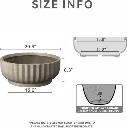 Kante Round Fulted Bowl Planter, 20.9 Inch Dia Large Concrete Flower Pots with Drainage Hole and