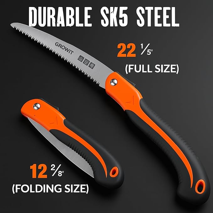 GROWIT Folding Camping saw 11 Inch - Heavy Duty Pruning Saw with Triple-Cut SK5 Blade, 7 TPI Razor