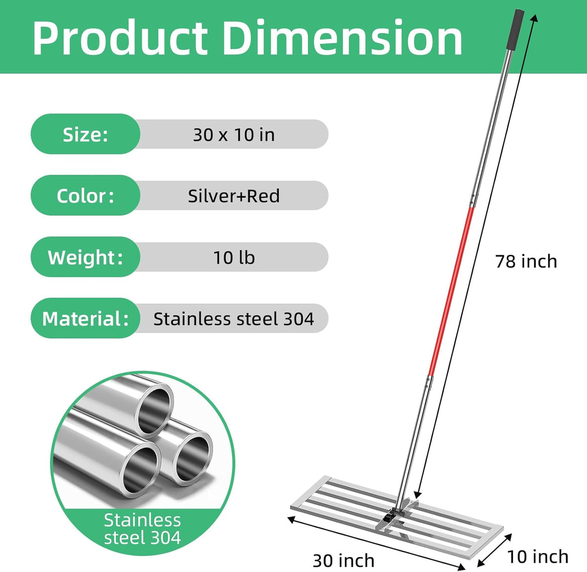 Lawn Leveling Rake 30"x10", Heavy-Duty Stainless Steel Yard Leveling Rake, Professional Soil