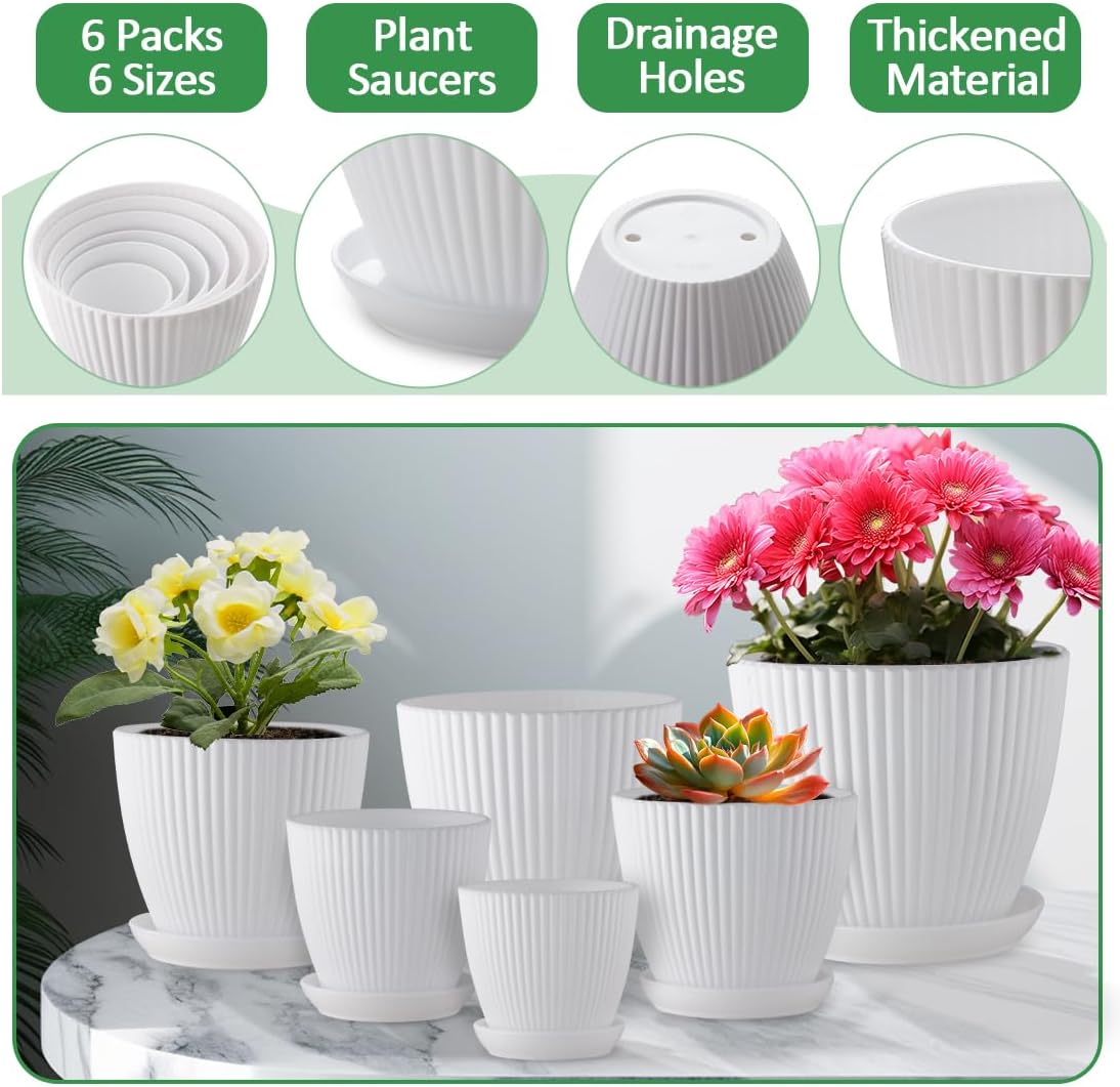 7.5/6.5/5.5/4.9/4.2/3.5 Inch Plant Pots with Drainage Holes and Saucer, Plastic Flower Pots for
