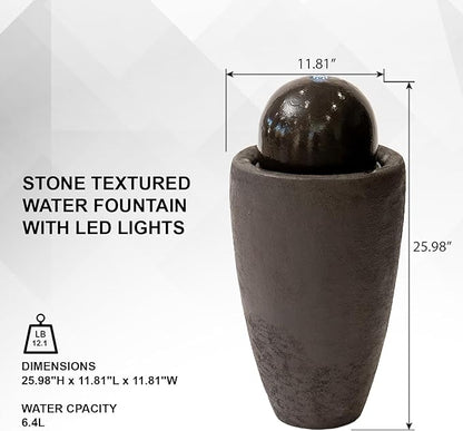 XBrand 25.98" H Round Stone Indoor/Outdoor Modern Stone Textured Sphere Water Fountain with LED