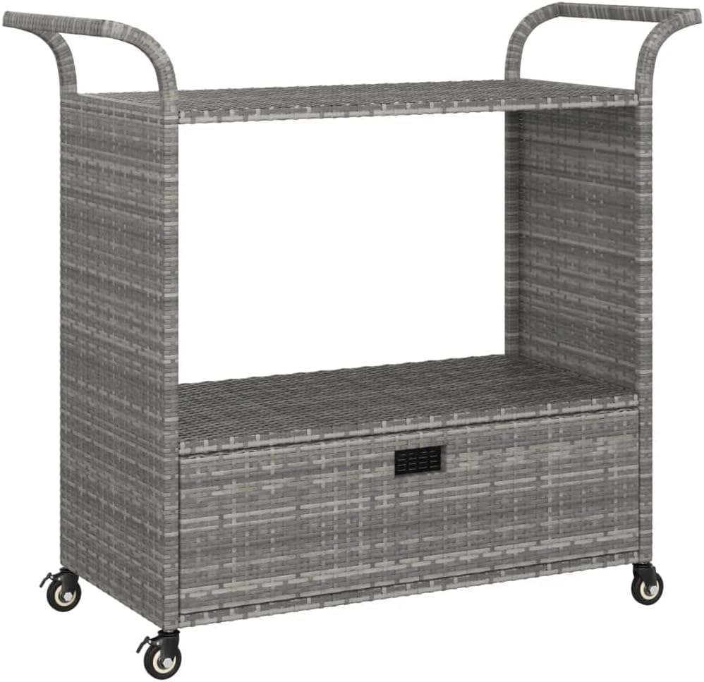 Outdoor Rolling Wicker Bar Cart with Drawer, Portable Bar Cart with Wheels, Patio Kitchen Island