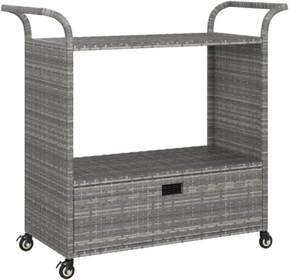 Outdoor Rolling Wicker Bar Cart with Drawer, Portable Bar Cart with Wheels, Patio Kitchen Island