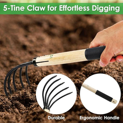 15inch Wood Hand Japanese Claw Rake NonSlip Rubber Handle, Military Grade Steel 5 Tine Cultivator