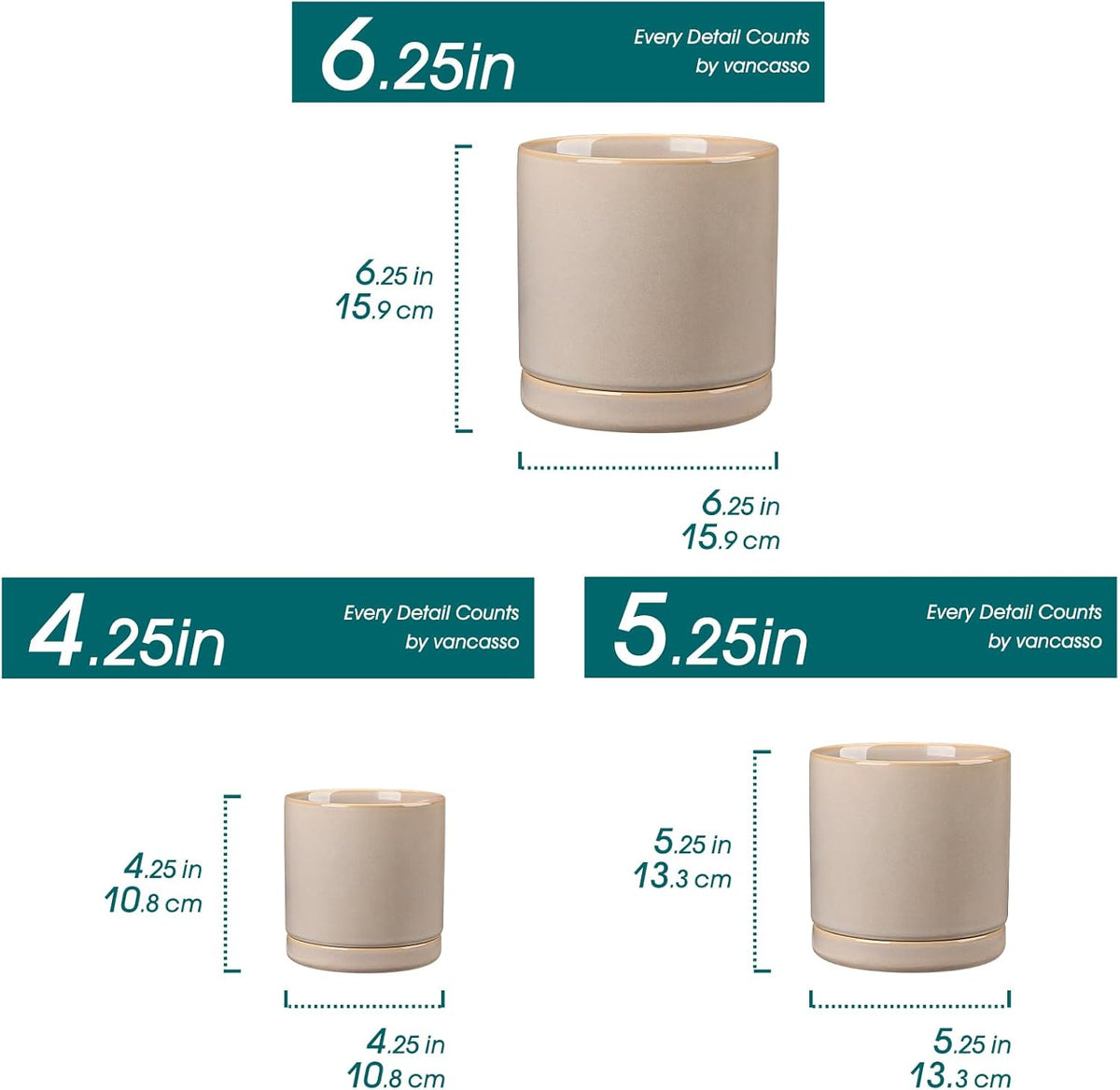 vancasso Ceramic Plant Pots, 3 Piece Planters for Indoor Plants, 4.25+5.25+6.25 Inch Flower Pots