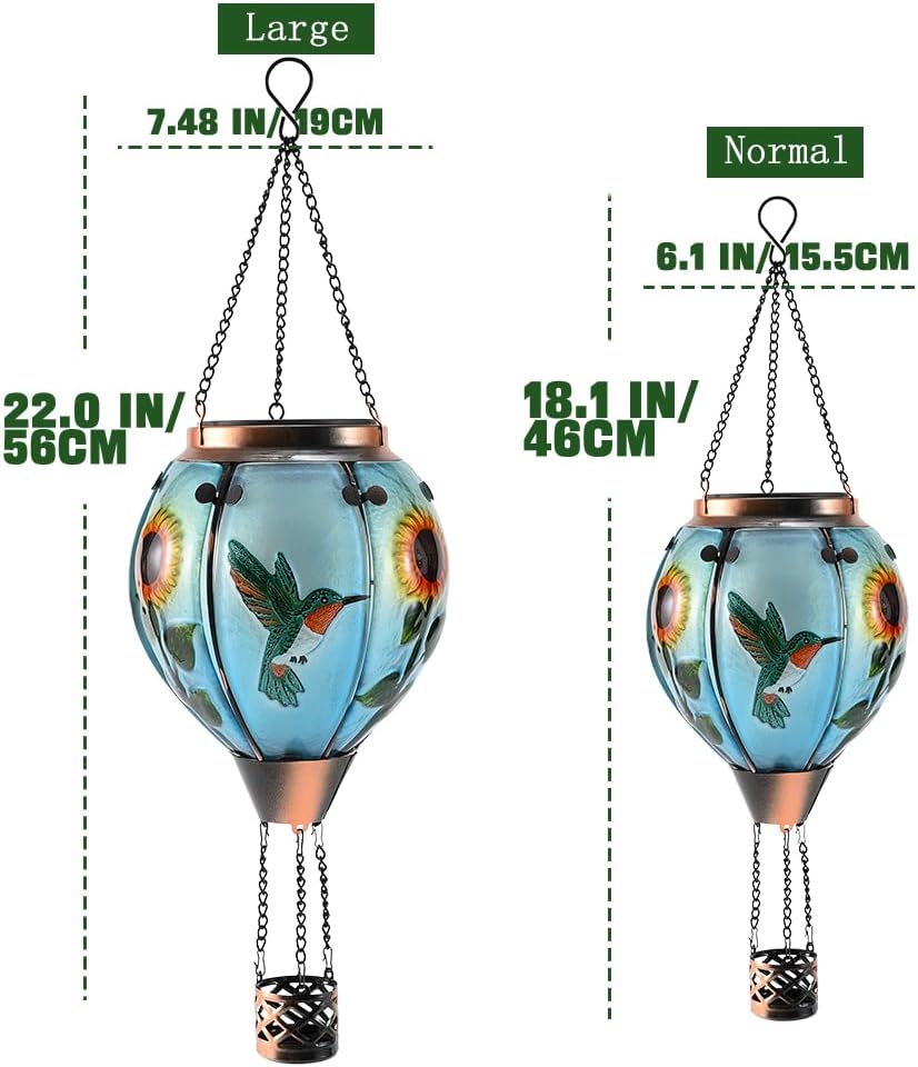 Hot Air Balloon Solar Lantern - Large Hummingbird Glass Lantern, Simulated Flickering & Dancing