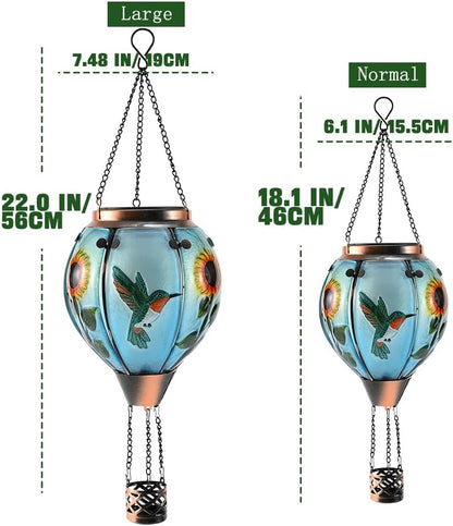 Hot Air Balloon Solar Lantern - Large Hummingbird Glass Lantern, Simulated Flickering & Dancing