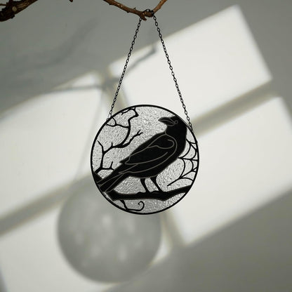 Raven Stained Glass Suncatcher Window Hanging Decoration, Halloween Gothic Black Crow Glass