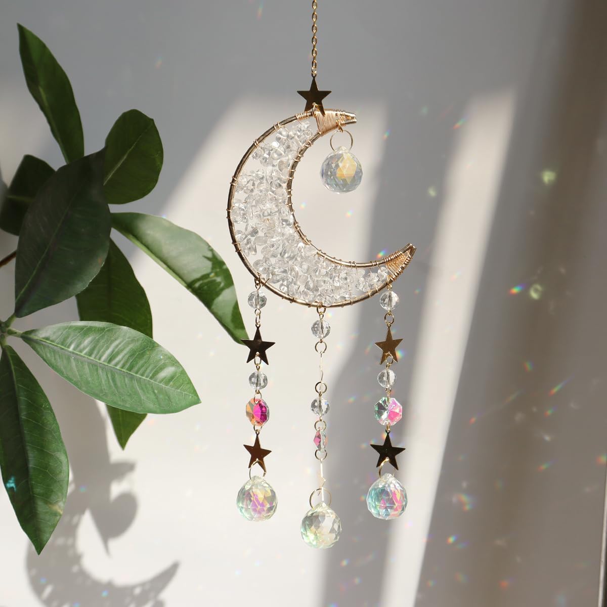 Moon Suncatcher Hanging Decor, Boho Chic Clear Quartz Crystal Sun Catcher, Spritual Sun Light