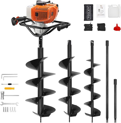 62cc 2-Stroke Auger Post Hole Digger with 2 Extension Rods & 6" & 8" Auger Bits - Gas Powered Earth