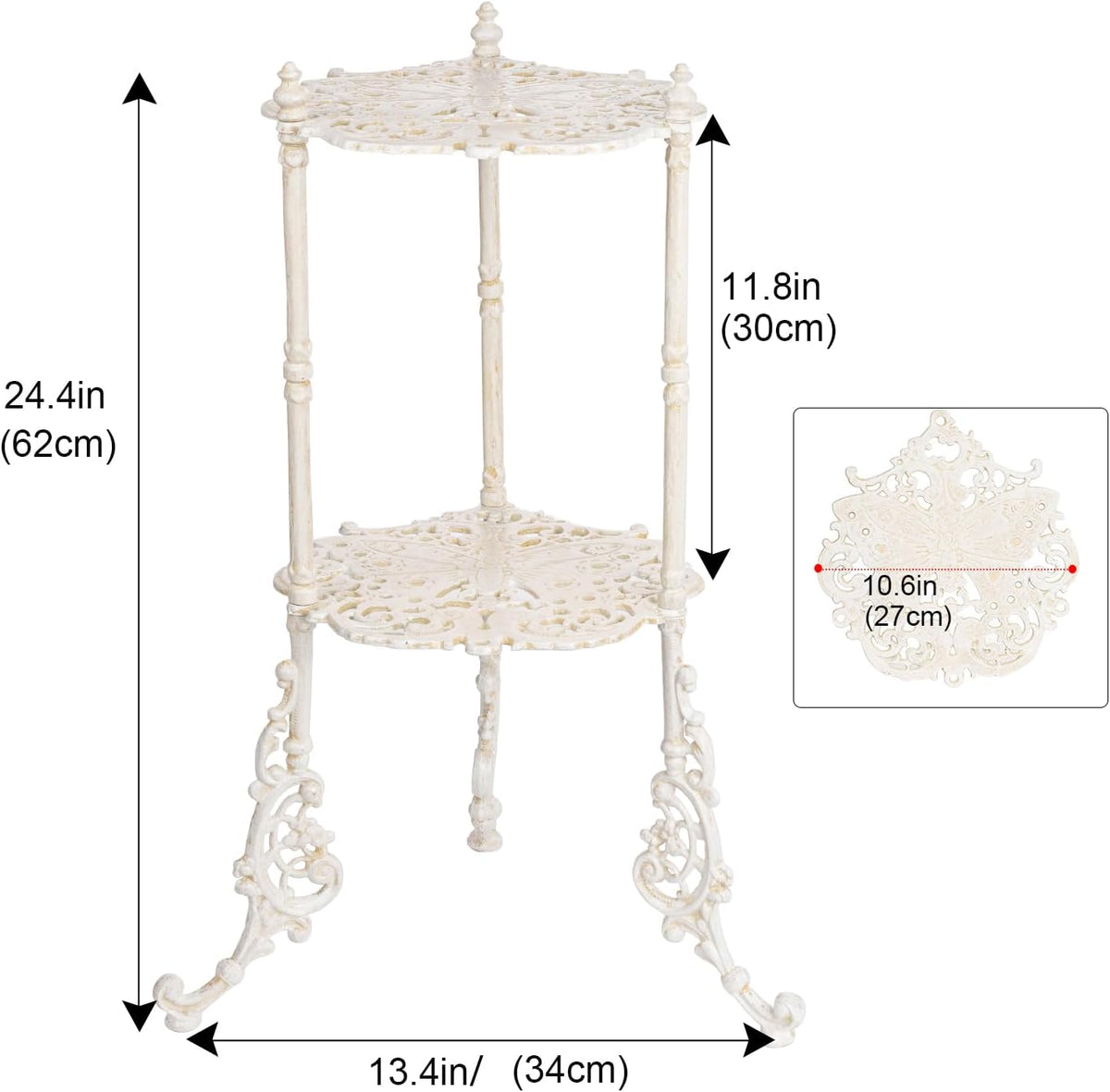 Sungmor Vintage Cast Iron 2-Tier Plant Stand, Elegant Butterfly & Floral Design with Antique White