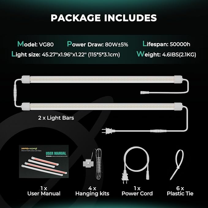MARS HYDRO VG80, 4ft Led Grow Lights for Indoor Plants, 5000K Full Spectrum, 2x4 Coverage, IP65