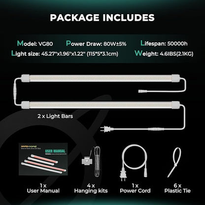 MARS HYDRO VG80, 4ft Led Grow Lights for Indoor Plants, 5000K Full Spectrum, 2x4 Coverage, IP65