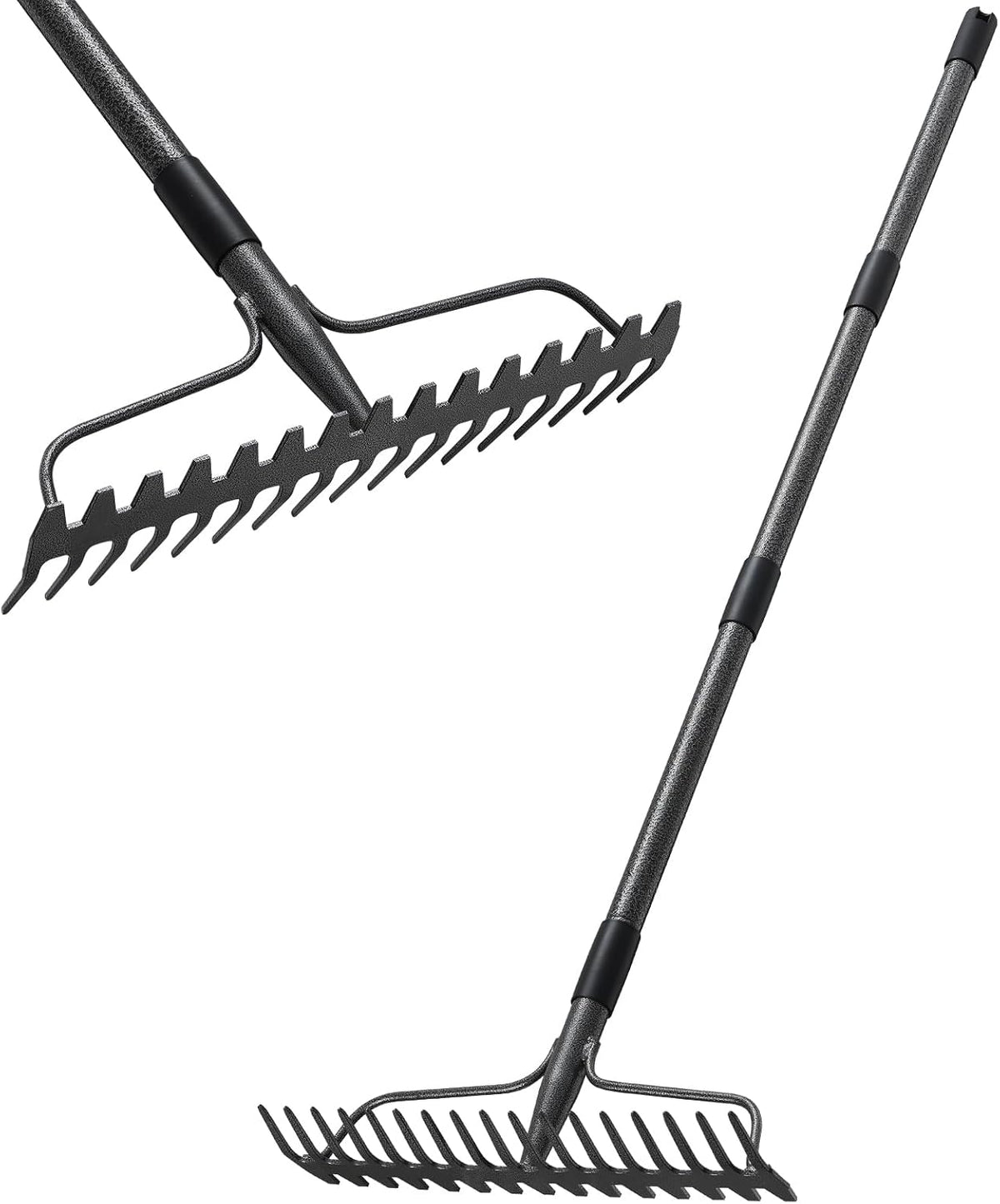 Thatch Rakes for Lawns, Heavy Duty Metal Garden Rake with 17 Prongs, Adjustable Yard Rock Rake for