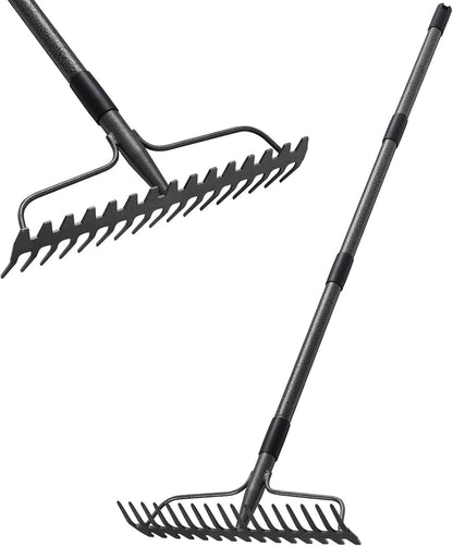 Thatch Rakes for Lawns, Heavy Duty Metal Garden Rake with 17 Prongs, Adjustable Yard Rock Rake for