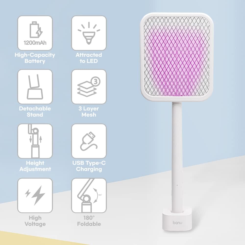 BANU Electric Fly Swatter Bug Zapper Racket, 180-Degree Folding, Adjustable 2-in-1 Mosquito Killer