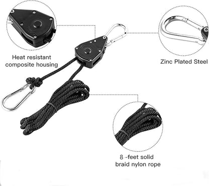 Grow Light Rope Hanger ，1/8" 8-Feet Long Heavy Duty Adjustable Rope Clip Hanger, Adjustable Rope