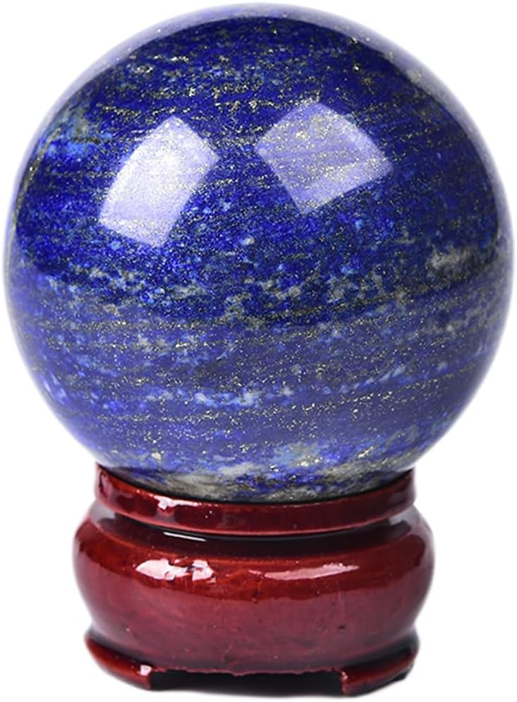 JIC Gem Lapis Lazuli Crystal Sphere Blue Quartz Crystal Ball with Wooden Stand Meditation Balls for