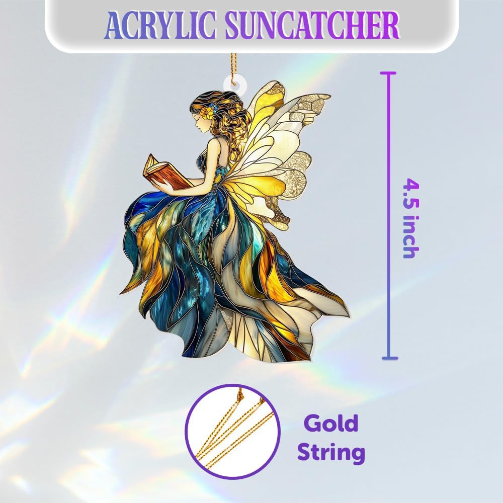 Reading Fairy Book Ornament – Stained Glass Style Acrylic Christmas Ornament, Book Lover Gift for