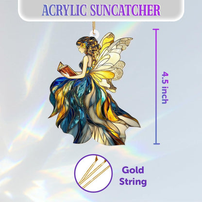 Reading Fairy Book Ornament – Stained Glass Style Acrylic Christmas Ornament, Book Lover Gift for