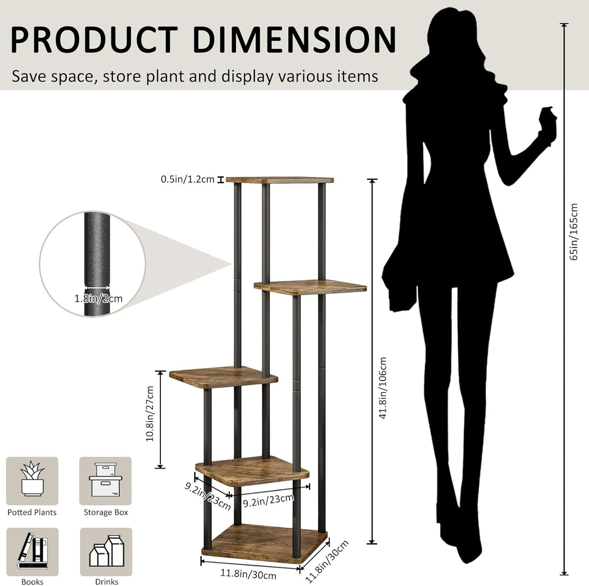 5 Tier Wood Tall Plant Stand Metal Rack Indoor, Multiple Flower Pot Holder Shelves Corner Rack
