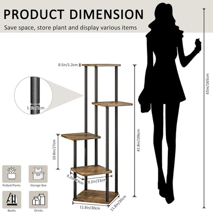 5 Tier Wood Tall Plant Stand Metal Rack Indoor, Multiple Flower Pot Holder Shelves Corner Rack