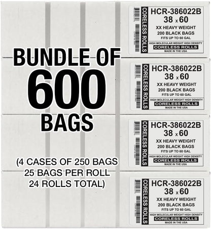 Aluf Plastics High Density Trash Bags, 60 Gallon, 600 Count, 22 Micron (eq), 38" x 60", Black, for