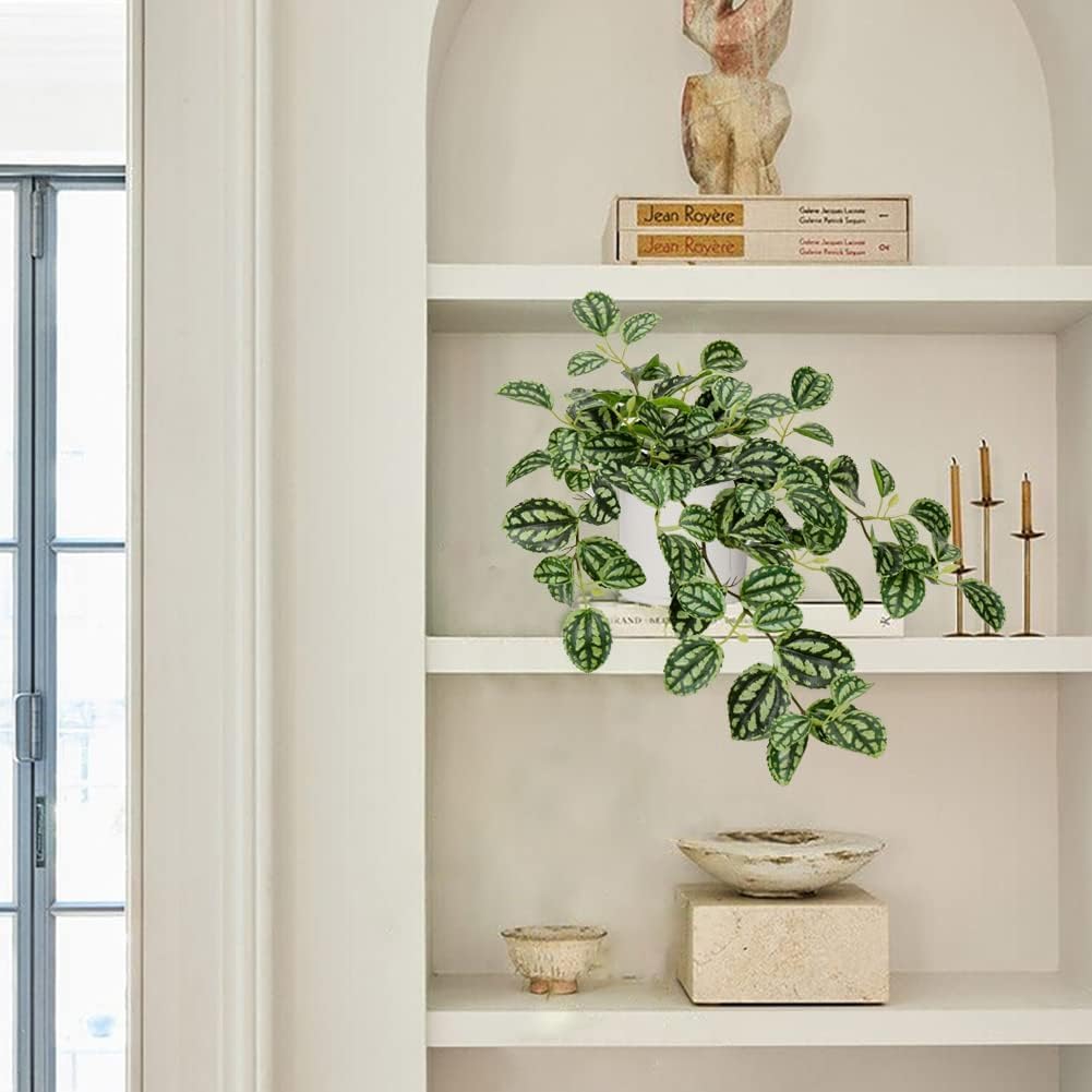 Fake Hanging Plants, 20 Inch Artificial Ivy Plant in Ceramic Pot Faux Watermelon Peperomia Trailing