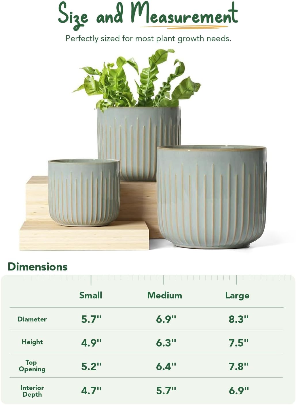LE TAUCI Fluted Ceramic Planters Set of 3 – 8.3/7 / 5.7 in Blue Gray Reactive Cylinder Indoor Plant