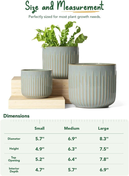 LE TAUCI Fluted Ceramic Planters Set of 3 – 8.3/7 / 5.7 in Blue Gray Reactive Cylinder Indoor Plant