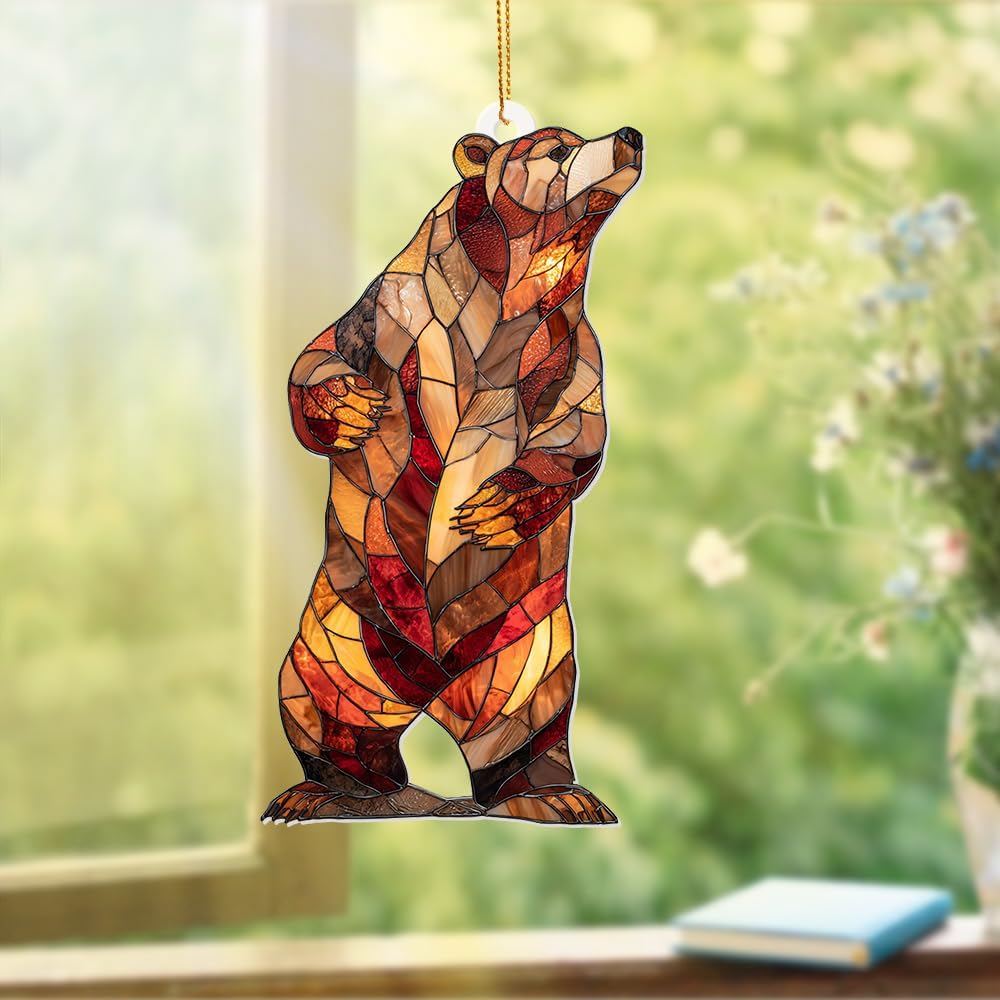 Stained Glass Acrylic Bear Ornament 2025 – Handcrafted Wildlife Christmas Tree Decoration, Rustic
