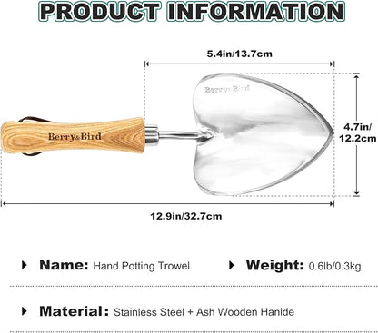 Berry&Bird Potting Trowel, Oversized Garden Hand Shovel with Sharp Blade & Wood Handle, Stainless