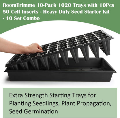 10 Pack 1020 Trays with 10 Pack 3.54" Deep 50 Cell Seed Starter Trays - Seed Starting Kit for