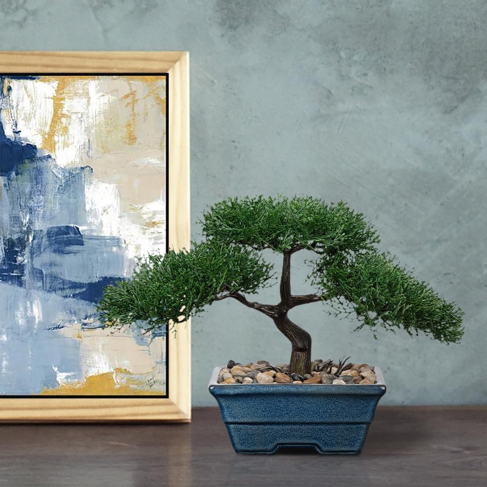 Artificial Bonsai Tree Juniper Faux Plants Indoor Fake Plants Decor with Blue Ceramic Pots for Home