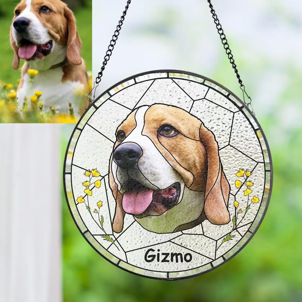 Custom Cat Portrait Stained Glass Window Hanging Light Catcher, Pet Memorial Stained Glass Photo