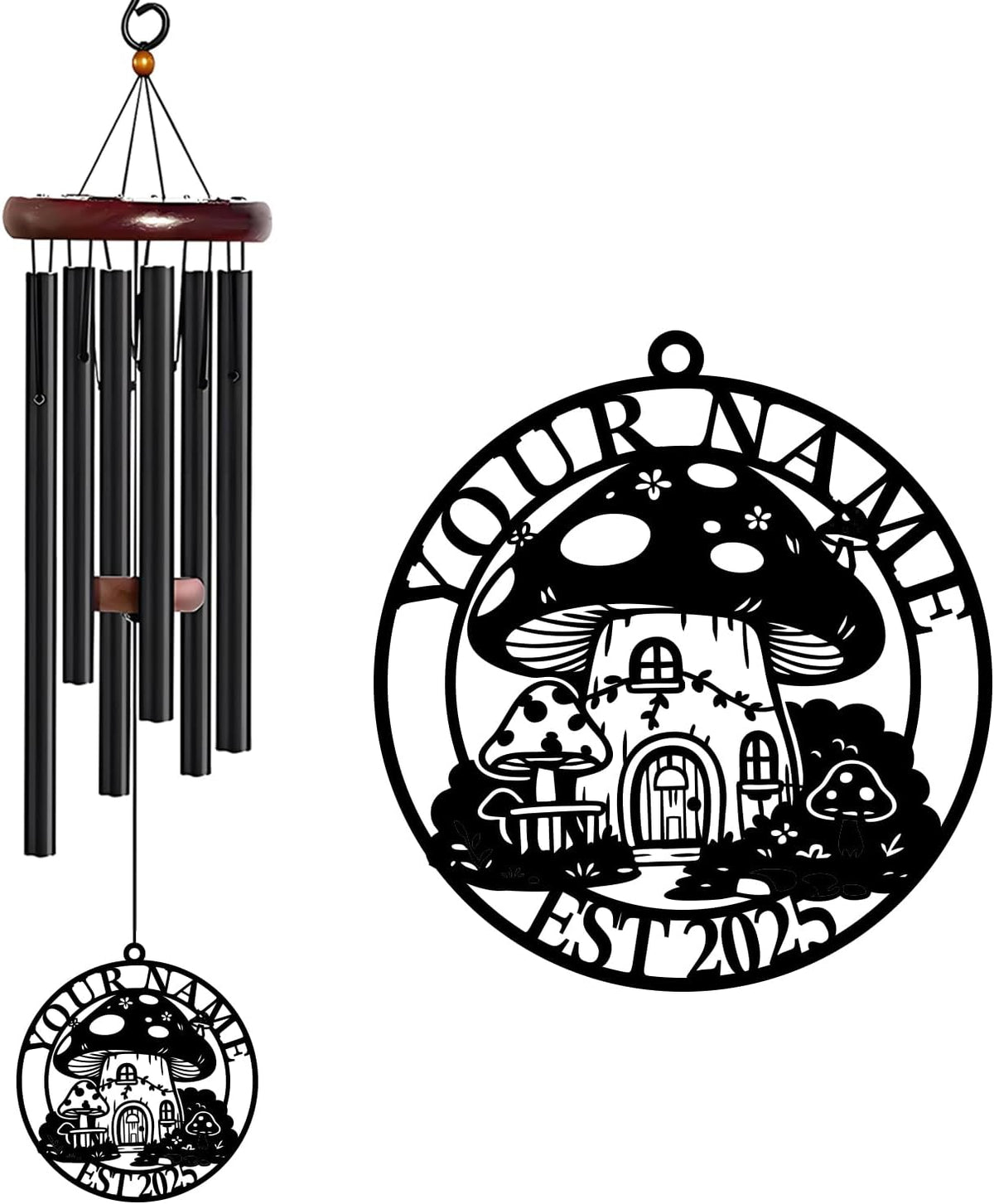 Personalized Customize Name Fantasy Mushroom Wonderland Wind Chime, Metal Iron 37 Inch Outdoor